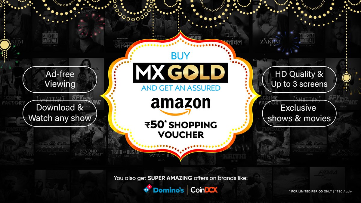 MXbyPrimeVideo's tweet photo. This Diwali, buy gold and get more! Assured Amazon shopping vouchers worth Rs. 50 with a subscription of MX Gold!
Subscribe now: https://t.co/DXBezDZoXt
*For Android users in India.
#MXGold #FestiveOffer https://t.co/NBmVEktjQP