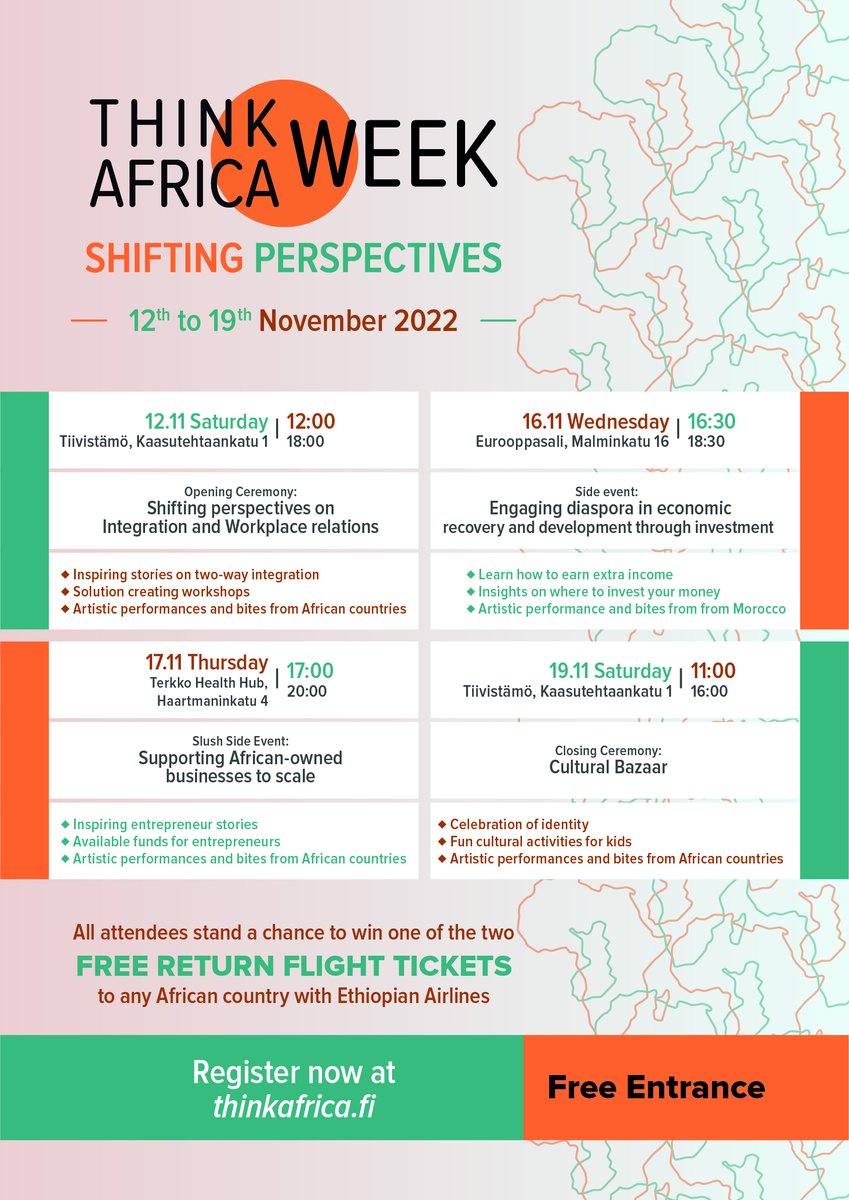 Think_Africa's tweet photo. Register for this year's TA Week and stand a chance to win a free return flight ticket to any African country courtesy of Ethiopian Airlines.
Entrance is free. Register here https://t.co/o3is1j14Pi
#ThinkAfricaWeek2022 #TAWeek2022 #ShiftingPerspectives #AfricanDiaspora https://t.co/zMPDMHNMat