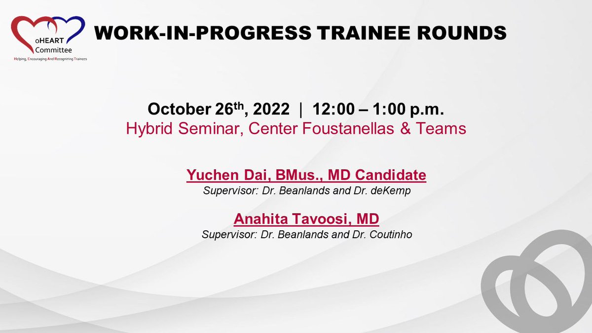 oheartcommittee's tweet photo. Please join us this Wednesday, October 26 at noon in Foustanellas or on MS Teams for #WIPTraineeRounds on #CVimaging and #CVNuc with Yuchen and Dr. Tavoosi! Link in calendar invite, looking forward to seeing everyone. https://t.co/Noos4bKrHI