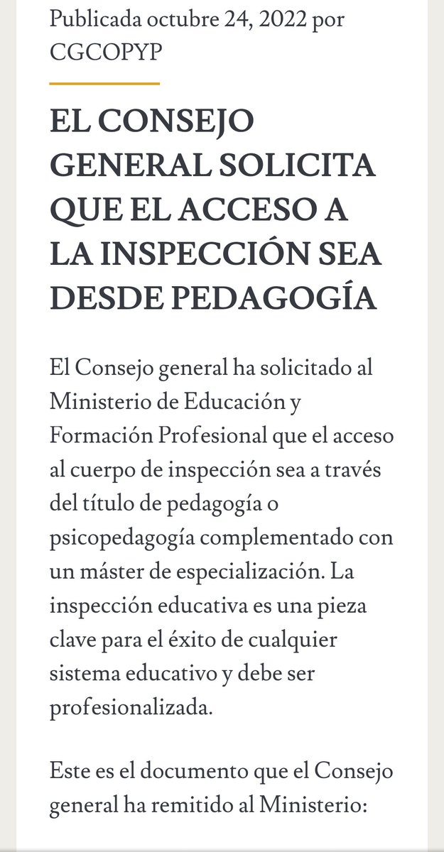 🔴🔴URGENTE👉El Consejo general ha solicitado al Ministerio de Educación y Formación Profesional que el acceso al cuerpo de #INSPECCIÓN sea a través del título de #pedagogía o #psicopedagogía complementado con un máster de especialización. 
🔗cgcopyp.org/index.php/arch…