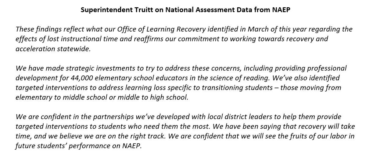 Today, data was released by @NAEP_NCES. These findings reflect what our @OLR_NCDPI identified in March 2022 regarding the effects of lost instructional time and reaffirms our commitment to working towards recovery and acceleration statewide. #nced lnks.gd/2/xBvpv7