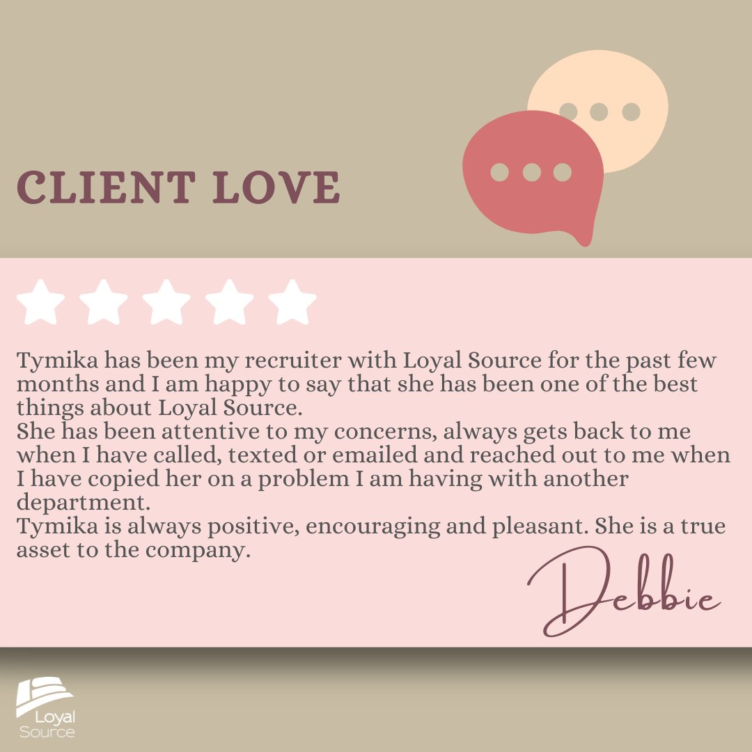 LoyalSourceGS's tweet photo. When we say we have the best recruiters, we mean it!
📣Check out these testimonials about our National Recruiter Tymika!
If you're ready to work with our recruiters check out our job listings here ➡https://t.co/PLID1bXKFG
#loyalsource #wehavethebestrecruiters #LSRecruiters https://t.co/Goyelwbcvj