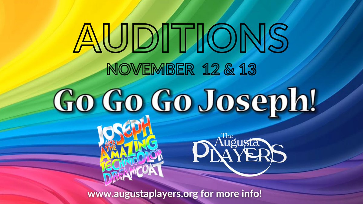 ScottSeidl's tweet photo. AUDITIONS for the super spectacular 
JOSEPH AND THE AMAZNG TECHNICOLOR DREAMCOAT
Presented by The Augusta Players are Nov 12 &amp; 13!
Director Roy Lewis
Music Director Scott Seidl
Choreographer by Tonya Strain
and performed by YOU!
Get all the details at https://t.co/SqZFeNPF3w! https://t.co/uFMaqJZPy5