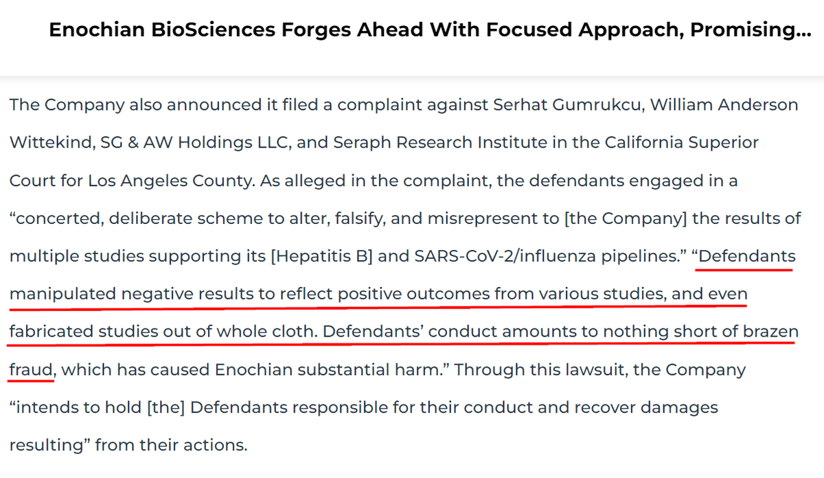 Today $ENOB announced that it believes it has a very promising future.

...But at the bottom of the release it provided an update about the "sole inventor" of its pipeline who faked being a doctor and is in jail for an alleged murder plot...

(1/x)

globenewswire.com/news-release/2…