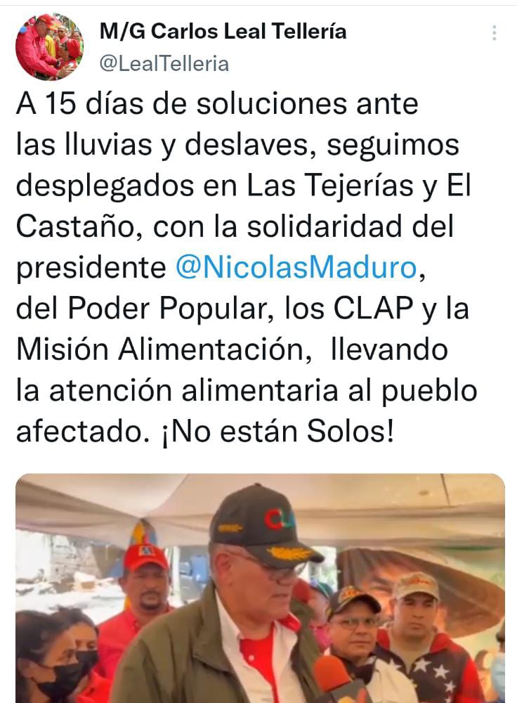 El Ministro <a href="/LealTelleria/">M/G Carlos Leal Tellería</a>, se mantiene desplegado en Las Tejerías y El Castaño, brindo atención alimentaria al pueblo afectado, junto a los #CLAP y diferentes programas sociales de alimentación.  #Táchira 

<a href="/NicolasMaduro/">Nicolás Maduro</a>
<a href="/MinAlimenVen/">minalimentacion_ve</a>
<a href="/BermudezJoseA/">Bermúdez José</a>