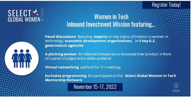 SelectUSA Global Women in Tech U.S. Investment Mission, Nov 15-17, is designed for female tech entrepreneurs looking to bring their business to the U.S. Register here: itamatch.com/event/womenint… #womenintech #selectusa #femalefounders