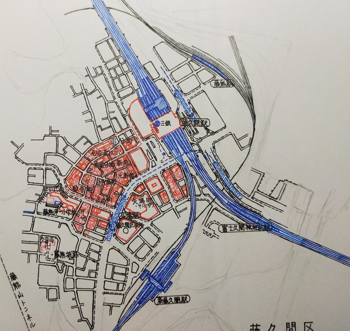 なんか気が向いたので架空1万分1地形図「藤久間」(御國橋のひとつ下)を描いてる。図らずとも千葉っぽくなった。 #空想地図 #架空地図 