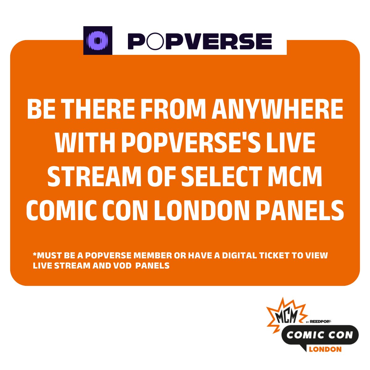 🧡 if you're going to @MCMComicCon London! Want to live stream our selection of MCM panels or watch on VOD? ✨Become a Popverse Member: bit.ly/3Qh6CZ8 ✨OR buy a Digital Ticket: bit.ly/3eKKgl6 👉Visit our MCM London Guide for more bit.ly/3TFq1nt