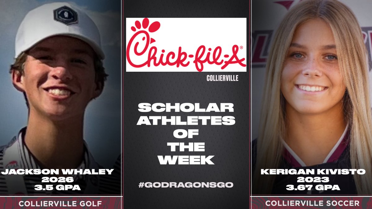 Congrats to our Chick-fil-A Scholar Athletes of the Week:  Golf's Jackson Whaley and Soccer's Kerigan Kivisto. Whaley (3.5 GPA) is a freshman that was named to Commercial Appeal's All-Metro team. Kivisto (3.67) had game winning goal vs Rossview to send soccer to state tournament.