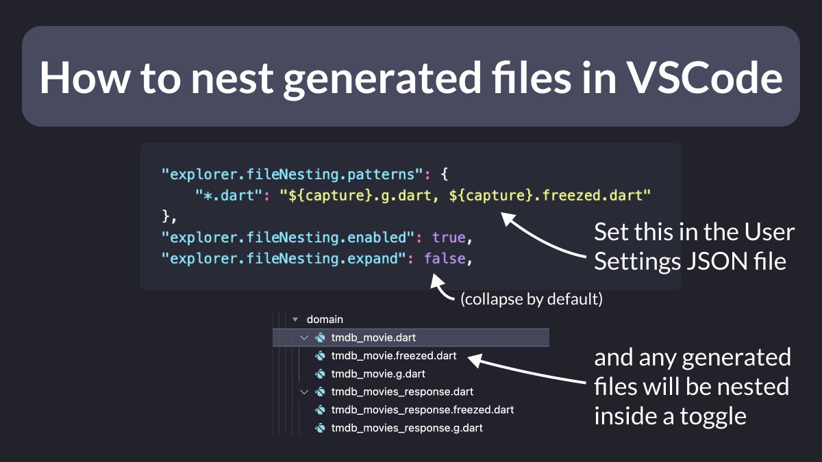 biz84's tweet image. Do you have a lot of code-generated files and want to hide them by default the project explorer?

Just enable file nesting in the VSCode settings and you&apos;re good to go! 🚀

Very useful if you use build_runner, Freezed, or json_serializable in your Flutter apps. 👌