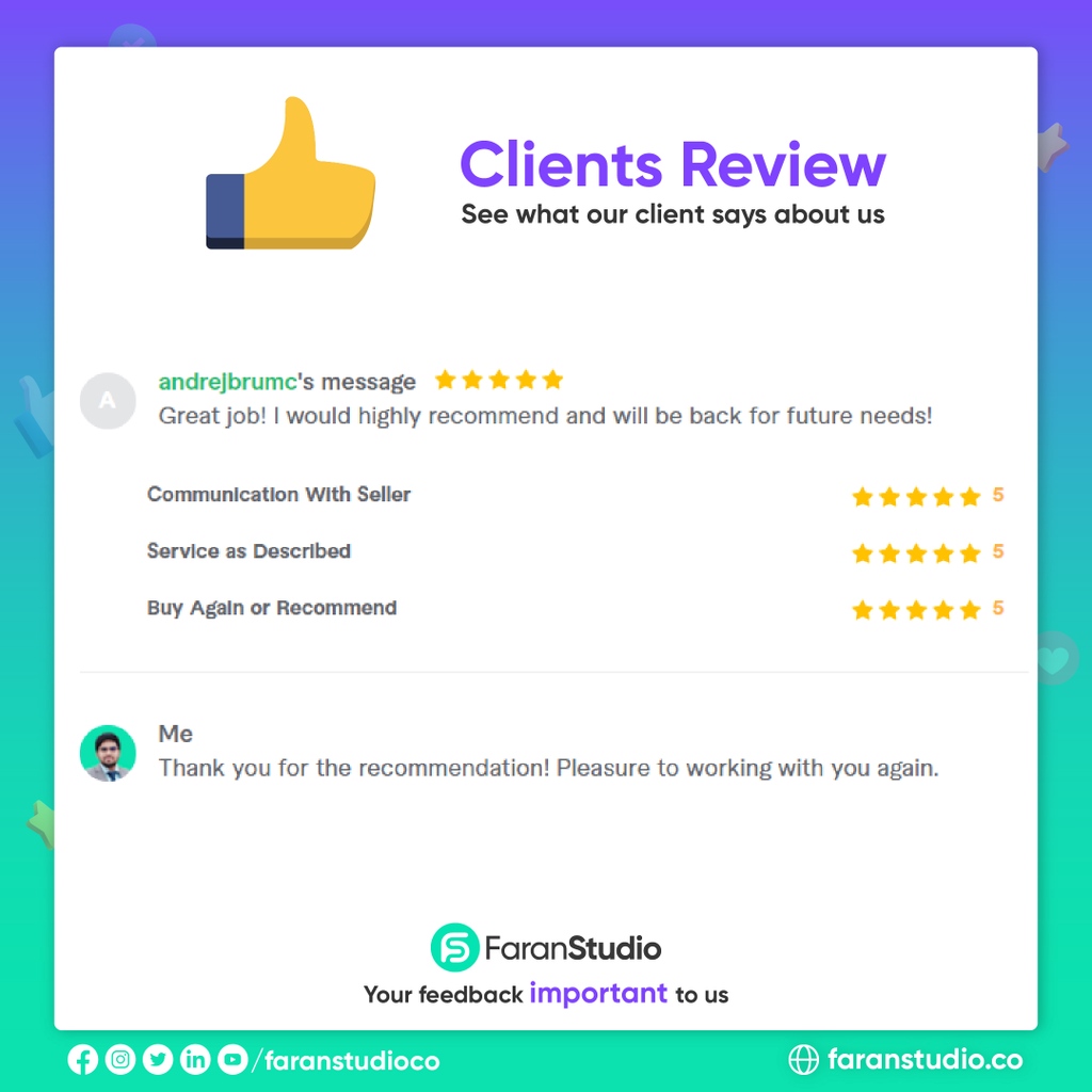 faranstudioco's tweet photo. 👍 We love that our clients are happy! In fact, their reviews, positive feedback, and recommendations help us grow.

▬▬▬

#commercialvideo #feedback #upwork #freelancer #fivestarreview #aftereffects #videoads #videomarketing #premierepro #digitalmarketing #growyourbusiness https://t.co/gq7Ptmf2Nd