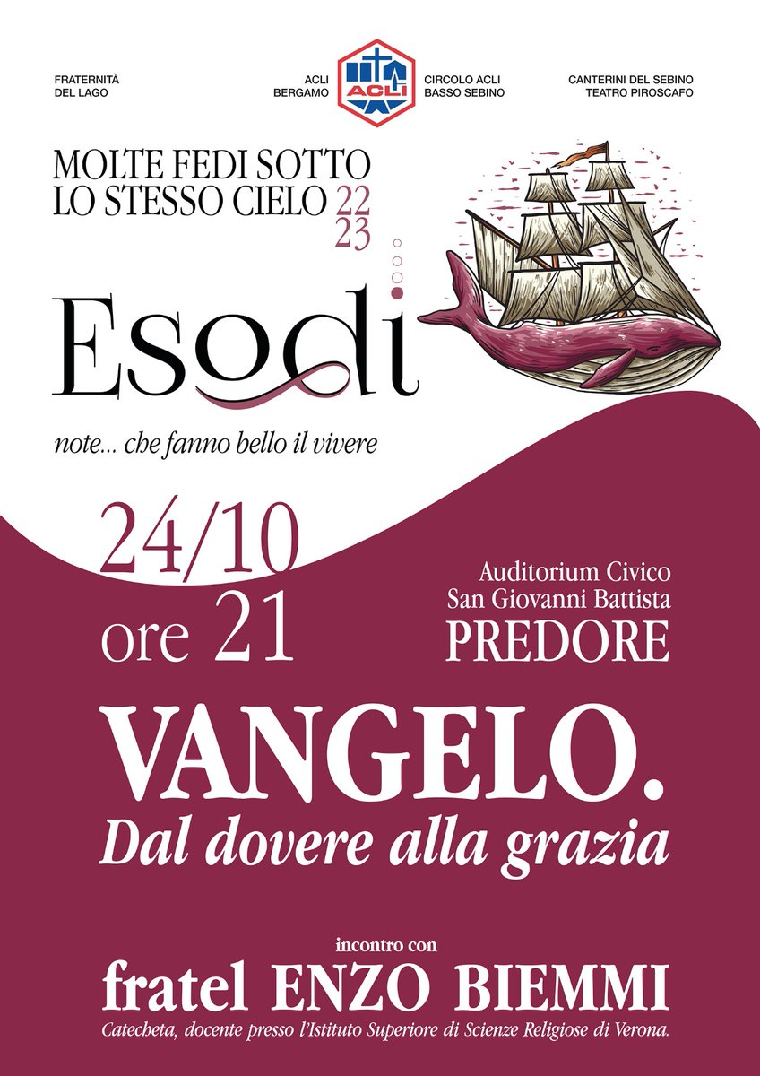 molte_fedi's tweet photo. Questa sera (ore 21.00), a #Predore (Basso Sebino)
presso l'Auditorium Civico di San Giovanni Battista, incontro con fratel Enzo Biemmi (catecheta e docente presso l'Istituto di Scienze Religiose di Verona), dal titolo "Vangelo. Dal dovere alla grazia..."
https://t.co/ZfvVa8KIxo https://t.co/N56Kzrr7eZ