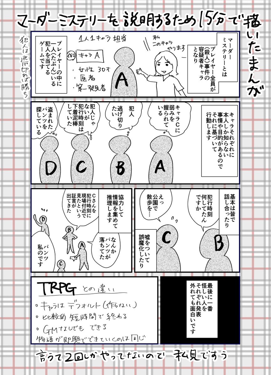 マーダーミステリーをやりませんか?と誘ったらまず説明が必要だったので、雑に漫画を描きました
2回テストプレイしただけのにわかなので間違ってるかもですがこういうゲームのはずです 