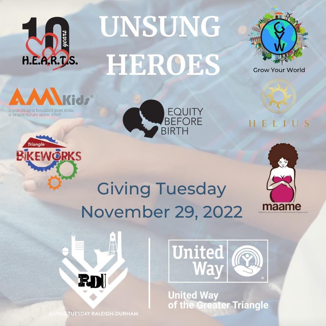 It's kickoff! We are so excited to be partnering with <a href="/UWTriangle/">United Way Greater Triangle</a> to shine light and love on 7 Unsung Heroes. givingtuesdayrdu.com
Donations benefit 🔽
<a href="/HeliusNC/">The Helius Foundation</a> <a href="/GrowYourWorldnc/">Grow Your World</a> <a href="/EquityB4Birth/">Equity Before Birth</a> <a href="/trianglebikes/">Triangle Bikeworks</a> <a href="/heartsnc919/">HEARTS NC 919</a> @maame_inc <a href="/AMIkids/">AMIkids</a> 
#GTRDUUnsungHeroes <a href="/GivingTuesday/">#GivingTuesday</a>