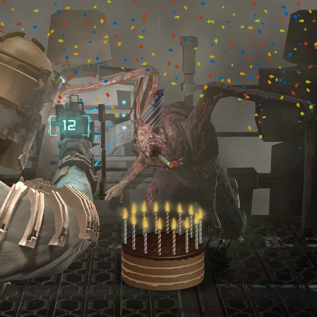 Mais non ! Ce n'est pas un screamer... C'est une surprise party ! 🥳 Joyeux 14e anniversaire européen à Dead Space 🎂