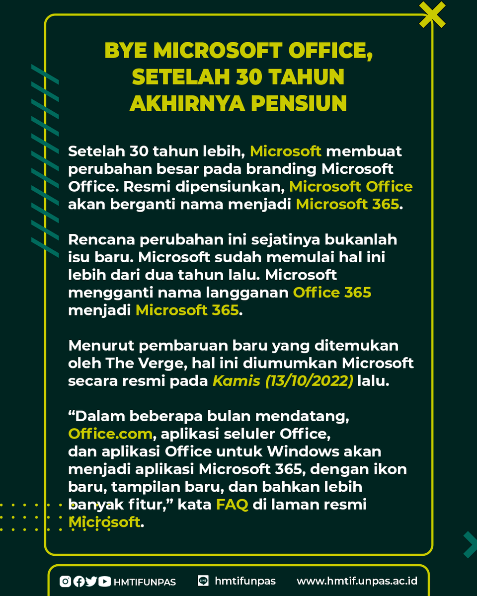 [Techno Update]

Halo Temen Temen!!
Sudah tau belum kabar dari Microsoft Office terbaru??

Yuk simak penjelasannya!

------
Kabinet Magenta
HMTIF-UNPAS 2022/2023

#KabinetMagenta
#hmtifunpas
#informatikaunpas