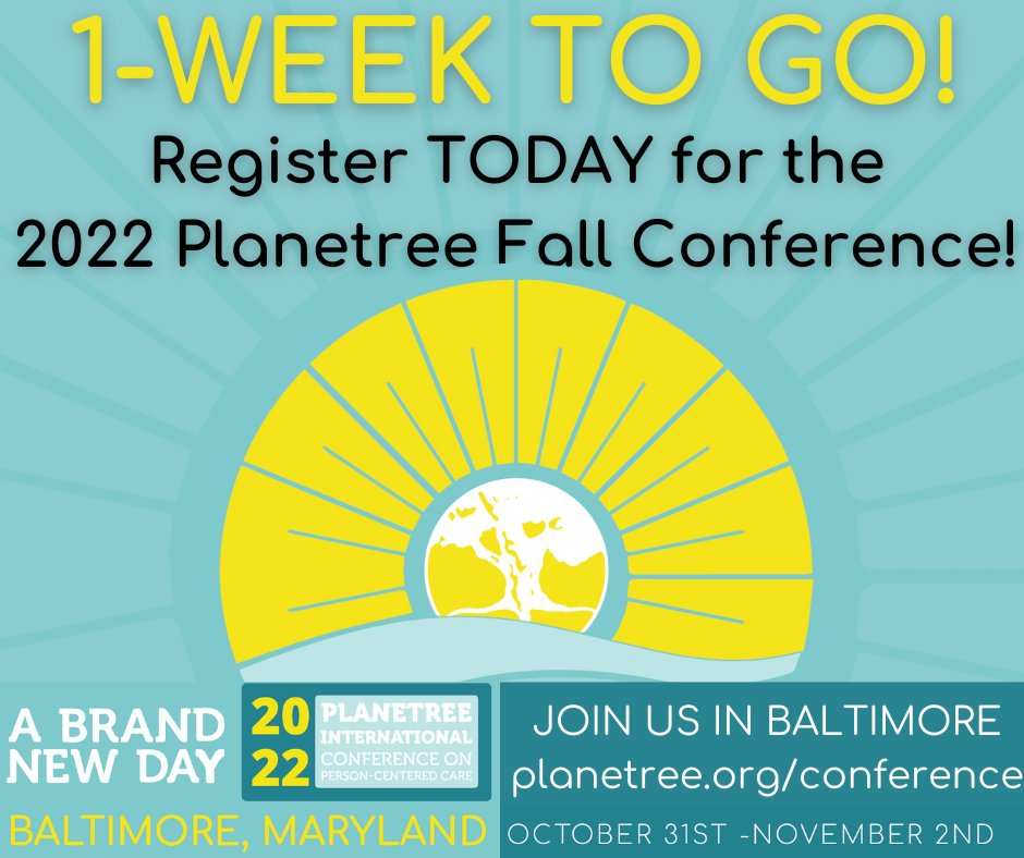 We are 1-week away from the Planetree International Conference, and there is still time to register! Join the person-centered care community in Baltimore, MD for inspiring keynotes, celebratory events, and unmatched educational breakouts. #Planetree22 bit.ly/3NNW6XI
