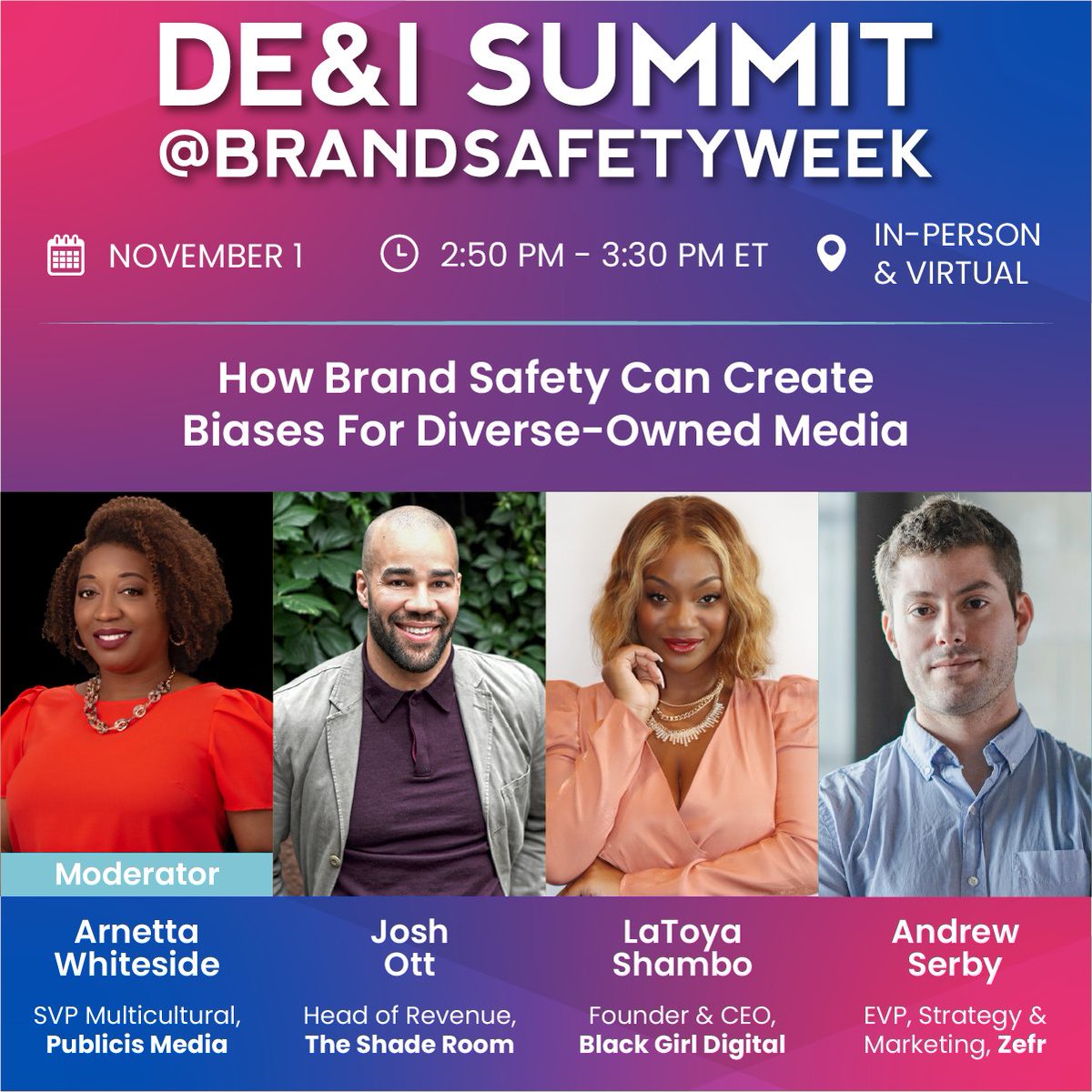 🗣️ On Nov. 1, Cultural Quotient’s Arnetta Whiteside joins the inaugural DEI summit at #BrandSafetyWeek! Tune in/stop by at 2:50pm ET to see Arnetta in a session sponsored by our Once & For All Coalition. Learn more: brandsafetysummit.com #LionLeadership @_brand_safety