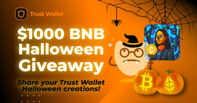 TrustWallet's tweet photo. Boo! 👻

You can win a share of $1000 $BNB in our #Halloween giveaway!

Here's how to enter:
🎃 Like &amp; Retweet
🎃 Follow @TrustWallet
🎃 Post your Trust Wallet Halloween creation and use #TrustWalletHalloween &amp; #TrustWallet

Top prize of $500 $BNB!