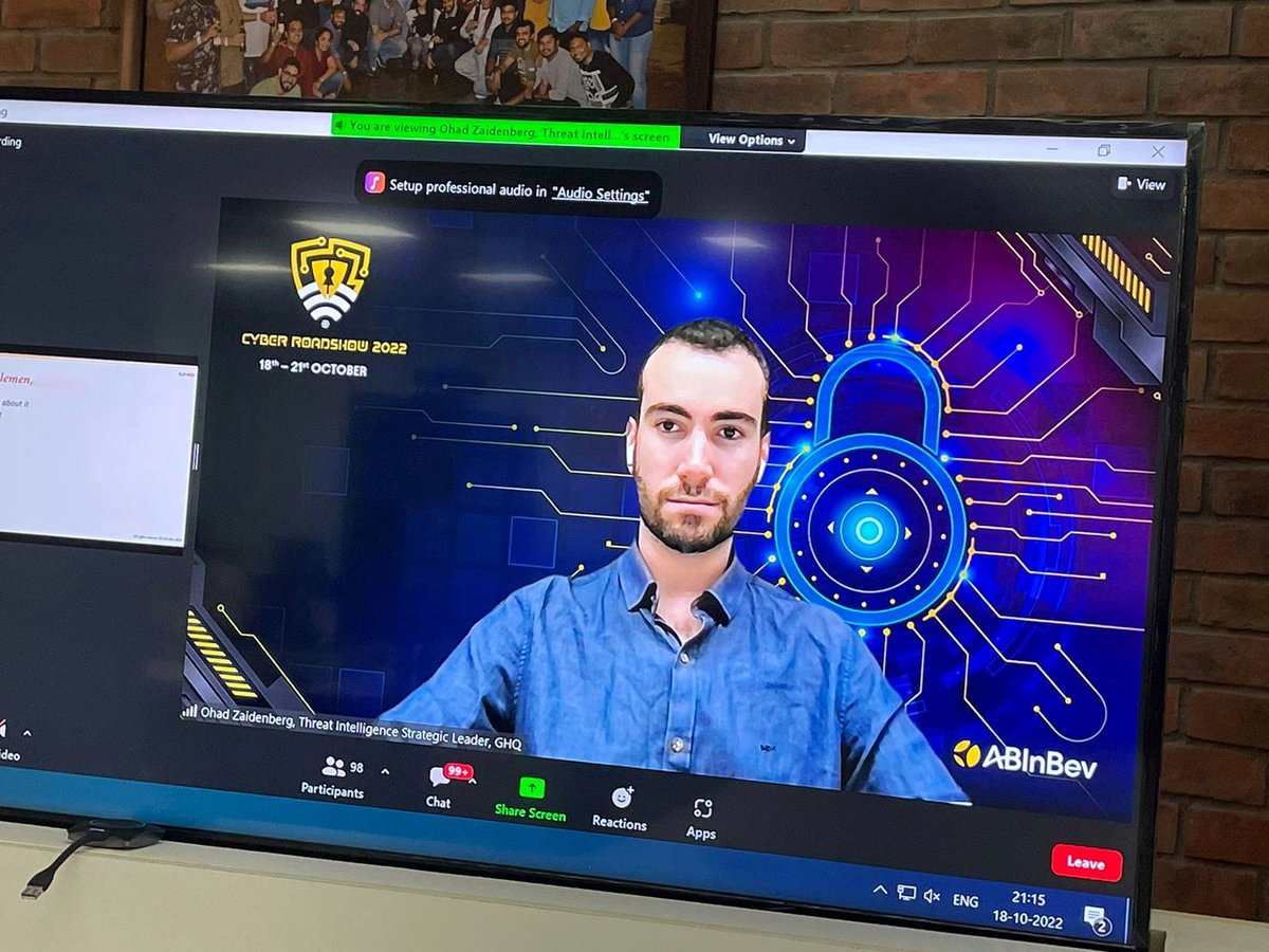 ohad_mz's tweet image. It was great to participate in the Cyber Roadshow at @abinbev that happened this year in person at our GCC office in Bangalore and all around the world remotely! Fantastic event, essential to extend our community and present the intelligence capabilities. #AnheuserBuschInbev