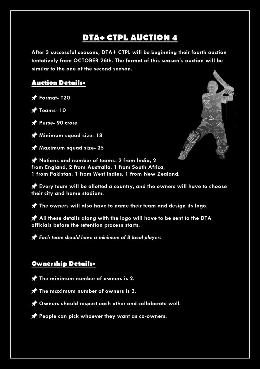 DTAuction_'s tweet photo. ICYMI:- DTA+ CTPL auction season 4 registrations are open. Auction rules and format attached below- https://t.co/eIMHMdkmWI