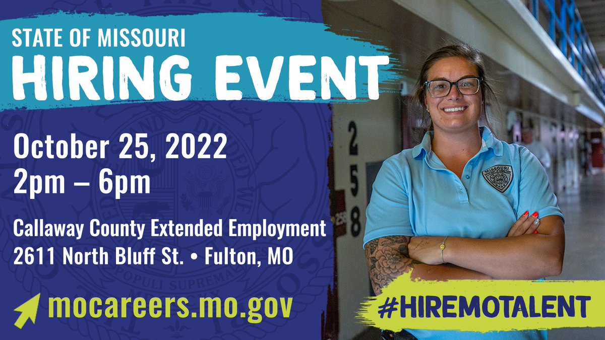 Tuesday, join us for @MoGov hiring event at the Callaway County Extended Employment Building in Fulton. On-site interviews available. Pre-register at jobs.mo.gov or 866-506-0251. #hireMOtalent #StateofMOJobs #WeServeMO