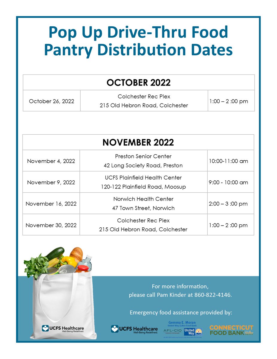 UCFS1877's tweet photo. UCFS Healthcare will be holding a pop up drive-thru food pantry this Wednesday, October 26 from 1-2 pm at the Colchester Rec Plex. #colchesterct #foodpantry #UCFShealthcare https://t.co/ZcREsaUS7x
