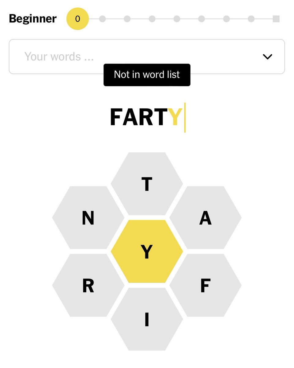KeithsTestG's tweet photo. First 4 guesses rejected!  C’mon @thegridkid !  

#hivemind #nytspellingbee #spellingbee 
#nytbee #nytsb https://t.co/L1j7gPDzQJ