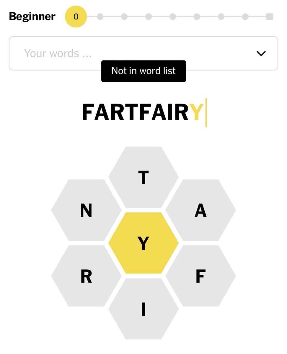 KeithsTestG's tweet photo. First 4 guesses rejected!  C’mon @thegridkid !  

#hivemind #nytspellingbee #spellingbee 
#nytbee #nytsb https://t.co/L1j7gPDzQJ