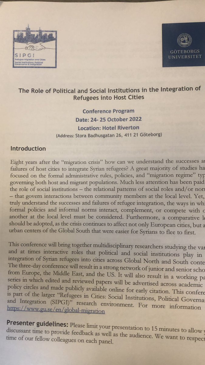 AyhanKaya14's tweet photo. Currently attending a rich conference on the role of institutions on integration of refugees in Sweden, Turkey, Jordan at @goteborgsuni hosting #sipgi research @MATILDE_Mig @BILGI_European https://t.co/ruwxtATKEd