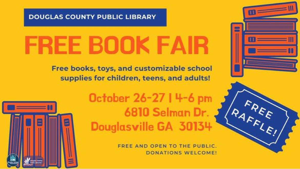 Free books, school supplies, door prizes, raffles! Oct 26 AND 27, 4-6pm, all ages. #douglasville #free #libraryprograms