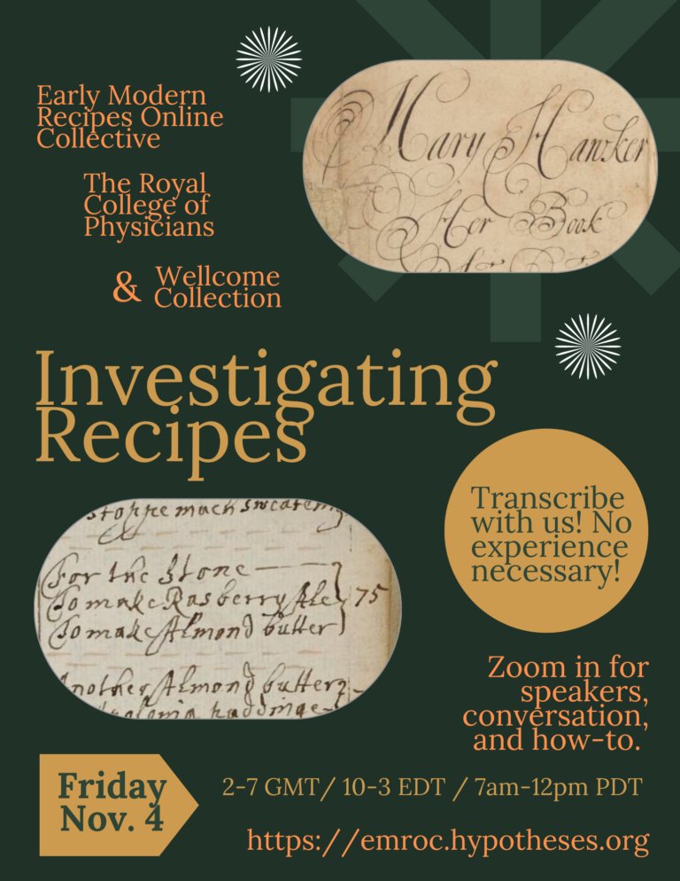 It's time for the annual <a href="/EMRecipesOnline/">EMROC</a> transcribathon! Join us November 4 to transcribe Rx bks in <a href="/WellcomeLibrary/">Wellcome Library</a> &amp; <a href="/RCPmuseum/">RCP museum</a>. Videos on the mss &amp; talks by <a href="/RachelSRich/">Rachel Rich</a>, Edith Snook + Tim Underhill avail here: bit.ly/3slUhIq #foodhistory #histmed #earlymodern