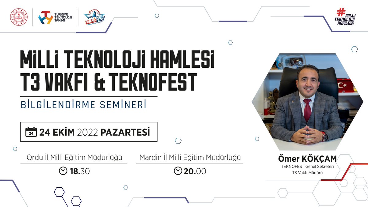 Ordu ve Mardin'de #MilliTeknolojiHamlesi yolculuğumuzda #TEKNOFEST'i öğretmenlerimize anlatacağız 🗣 'Ayakları Yere Basmayan Tek Festival' 🚀 🕡 Ordu 18:30 🕣 Mardin 20:00