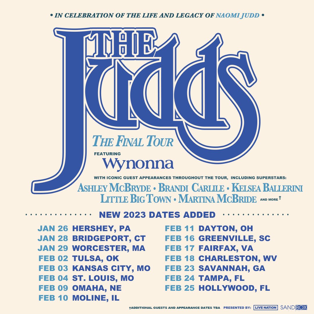 juddsofficial's tweet photo. ✨The Judds: The Final Tour continues in 2023✨ 
@Wynonna and friends join together to perform 15 newly added dates in 2023. Pre-sale for select dates start today at 12pm, so get your tickets here with the code JUDDS23: https://t.co/rwb348PmIq #dontyouthinkitstime https://t.co/AtZMIvpL1M