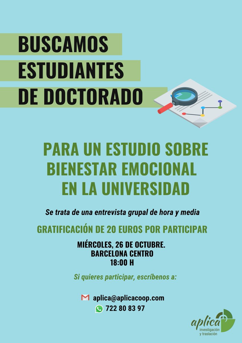 Ministerio de Universidades (@universidadgob) on Twitter photo 🔴 Se buscan estudiantes de doctorado en Barcelona para una entrevista grupal sobre bienestar emocional en la universidad impulsada por <a href="/UniversidadGob/">Ministerio de Universidades</a>.
Para participar o resolver dudas, escribe a:
📩aplica@aplicacoop.com
📲722808397 WhatsApp 🔴 Se buscan estudiantes de doctorado en Barcelona para una entrevista grupal sobre bienestar emocional en la universidad impulsada por <a href="/UniversidadGob/">Ministerio de Universidades</a>.
Para participar o resolver dudas, escribe a:
📩aplica@aplicacoop.com
📲722808397 WhatsApp