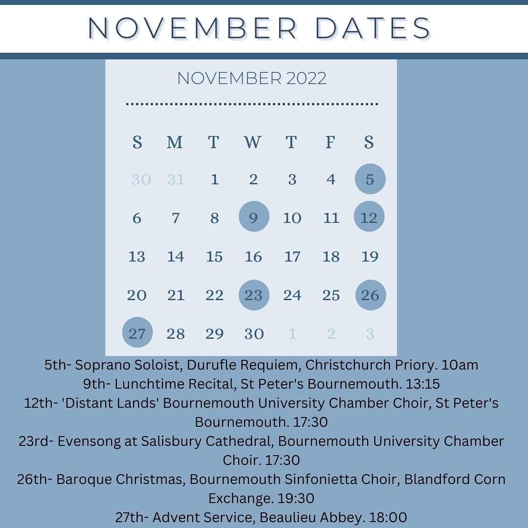 November events!🍂🎶🗓️ Please save and share! #soprano #choralscholar #sopranosoloist #novemberevents #november2022 #bournemouthsinfoniettachoir #christchurchpriory #bournemouthuniversity #salisburycathedral #beaulieu #beaulieuabbey