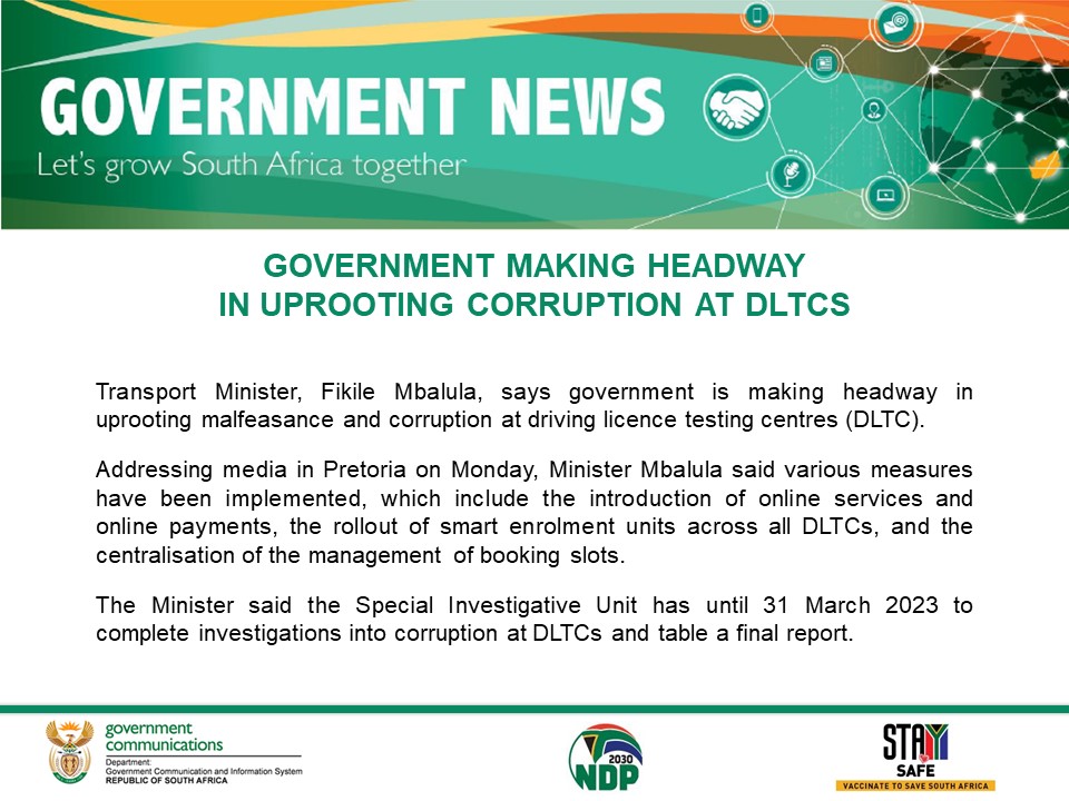 GCIS_IRC's tweet photo. Transport Minister, Fikile Mbalula, says government is making headway in uprooting malfeasance and corruption at driving licence testing centres (DLTC).
#DLTCs 
@Dotransport https://t.co/eS5m0Zk7rq