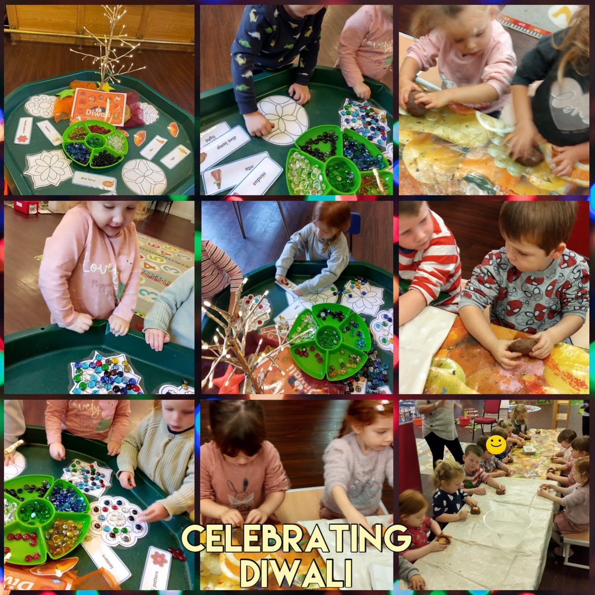 Llanyplaygroup's tweet photo. We celebrated Diwali by creating our own rangoli patterns using loose parts, pens, paints and chalks. We also enjoyed making diva lamps. We listened to and retold a story all about Rama and Sita #Diwali2022 #belonging #exploration #communication https://t.co/NEKgdi48wB