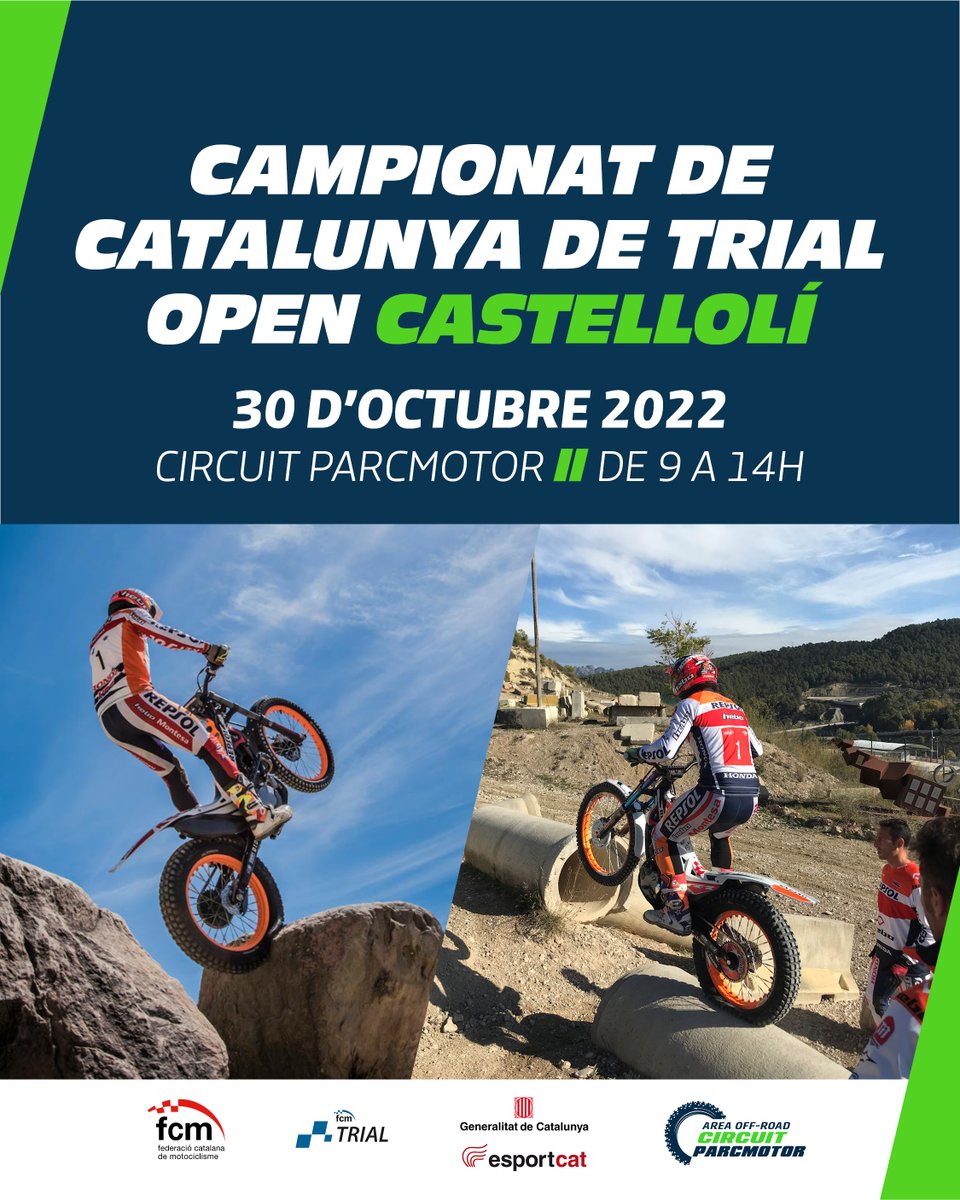 🏁Campionat de Catalunya de Trial OPEN al 📍Circuit Parcmotor de Castellolí 🗓️Diumenge 30 d'octubre 🕐 de 9h a 14h ➕ Info a fcm.cat/web/ca/competi… ❌Per aquest motiu el circuit MX estarà TANCAT!❌ @FCMotociclisme @esportcat