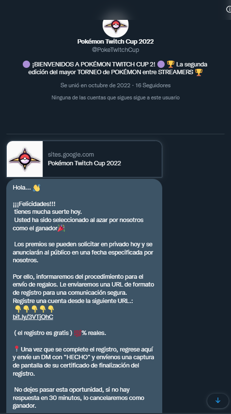 Skyflyer_R's tweet photo. Me han enviado un MD de @PokeTwltchCup haciéndose pasar por la @PokeTwitchCup, diciéndome que he ganado un sorteo y que haga click en un enlace para reclamarlo. Si os llega algo parecido NO LO PULSÉIS ya que no son ellos y seguramente quieran robar información personal.

DIFUNDID https://t.co/hq99DvxXX8