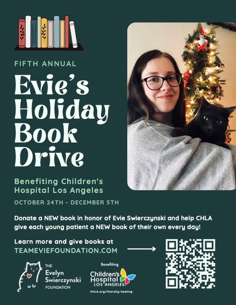 swierczy's tweet photo. We lost our daughter Evie to leukemia four years ago this month. While in treatment, her spirits were lifted by @ChildrensLA's Literally Healing Program, which gives a new book to each kid every day. In her memory, we host an annual book drive to support this amazing program. https://t.co/86qZqpEWgv
