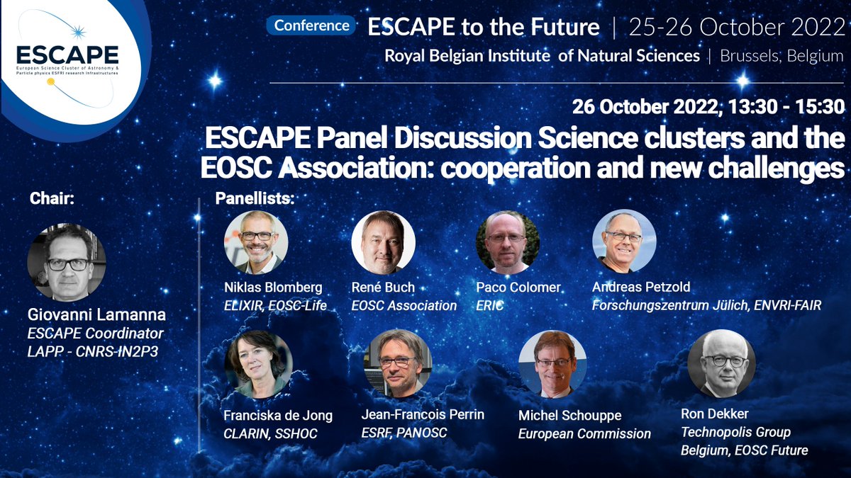 Are you ready for our panel discussion on the #science clusters #EOSC cooperation with @GiovLama, @NBlomberg, @RBUCH_EOSC, @jivedirector, Ron Dekker, Franciska de Jong, Jean-Francois Perrin, Andreas Petzold, Michel Schouppe #ESCAPEtotheFuture? Join now! projectescape.eu/events/escape-…