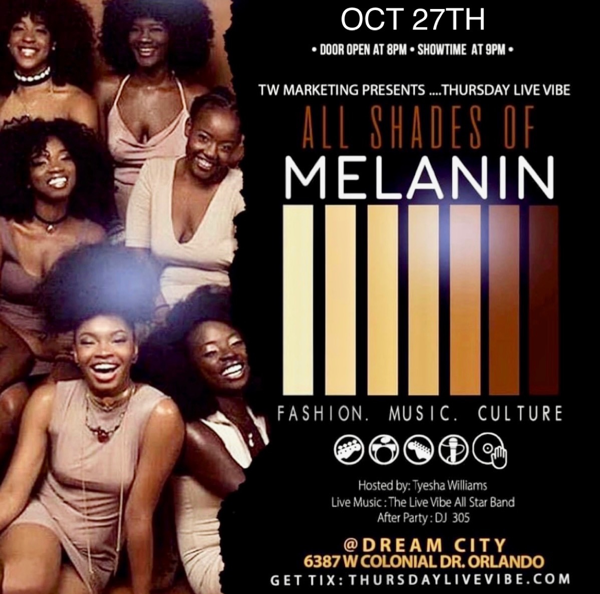 It’s the SCORPIO “MELANIN” TAKEOVER this week @ Thursday Live Vibe! Wear your favorite shade of brown sugar, warm honey, chocolate, ebony, mocha, espresso or gold! Let’s promote empowerment &amp; equality through music, arts, poetry &amp; dance. Showtime 9:00p. ThursdayLiveVibe.com