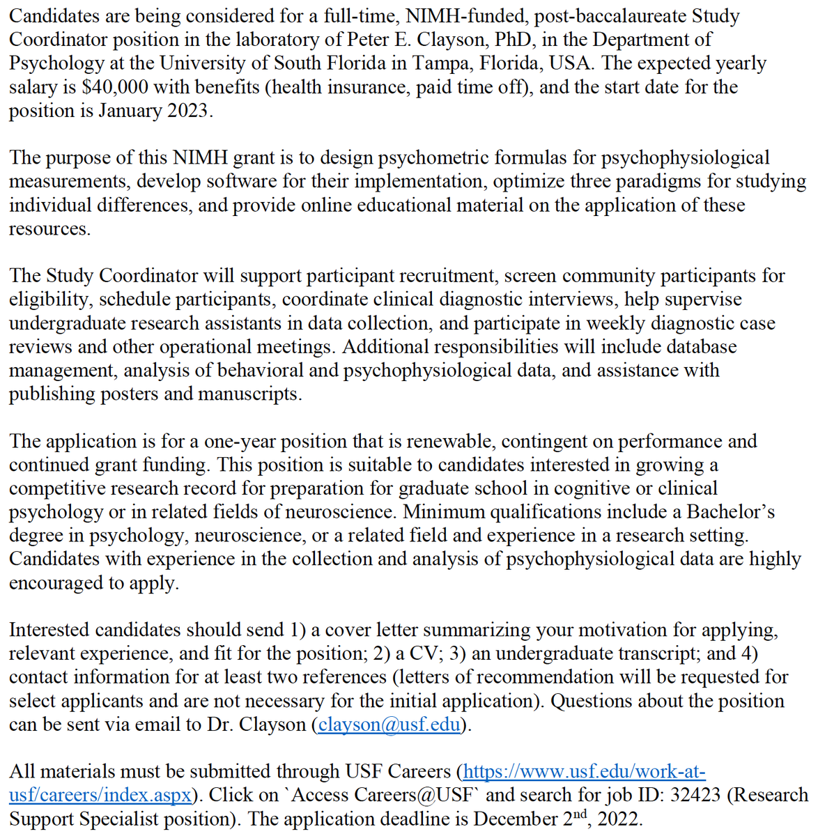 Apply to our NIMH-funded study coordinator position at <a href="/USouthFlorida/">University of South Florida</a>! Candidates with experience in the collection and analysis of psychophysiological data are highly encouraged to apply! Details attached.

<a href="/AcademicEEG/">AcademicEEG</a> <a href="/TheRealSPR/">TheRealSPR</a>