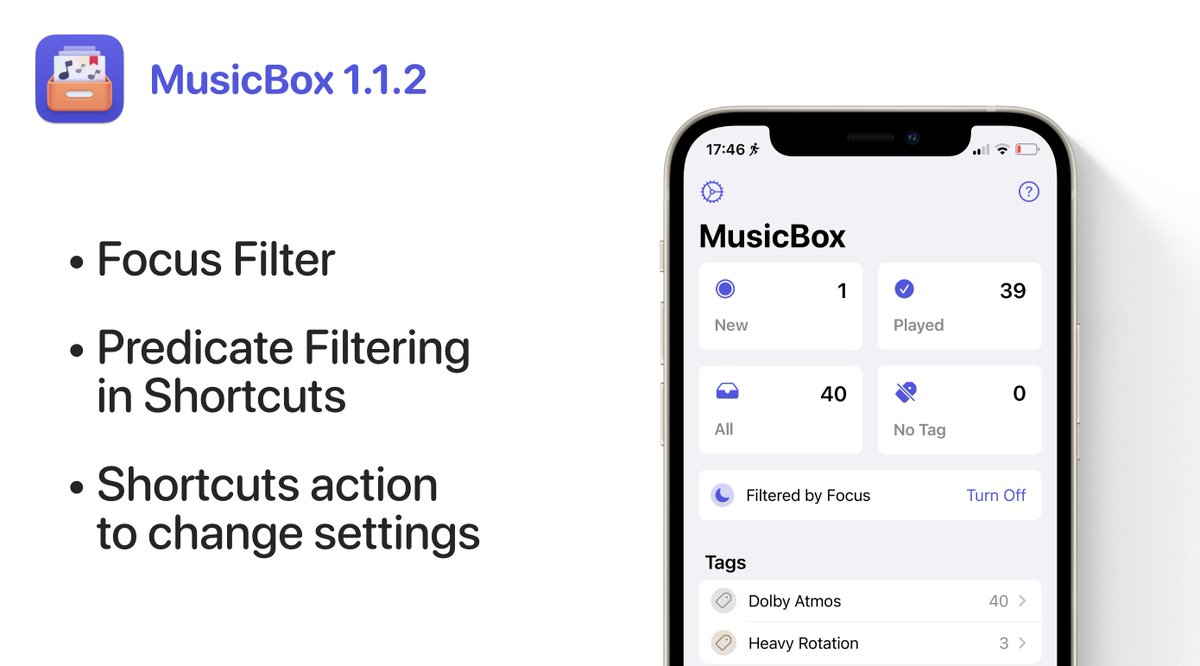 MusicBoxApp_iOS's tweet image. MusicBox 1.1.2 is now available, introducing support for Focus Filters, Predicate Filtering in Shortcuts, bug fixes, and more!
