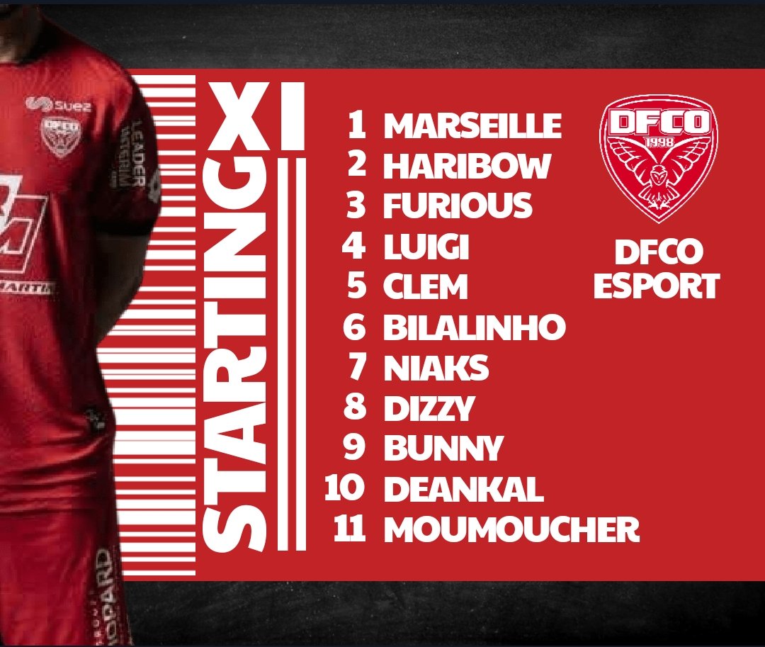 Dijon FCO Esport (@dfco_esport) on Twitter photo EFL ⚫
J7 🆚 @Rsfc_by_FrS
J8 🆚 <a href="/Heracles_United/">Héraclès Gaming</a>
Nos 11 Dijonnais pour ce soir ⚫🔴
<a href="/eSportFA_FR/">ESPORT FOR ASSOCIATIONS</a> EFL ⚫
J7 🆚 @Rsfc_by_FrS
J8 🆚 <a href="/Heracles_United/">Héraclès Gaming</a>
Nos 11 Dijonnais pour ce soir ⚫🔴
<a href="/eSportFA_FR/">ESPORT FOR ASSOCIATIONS</a>