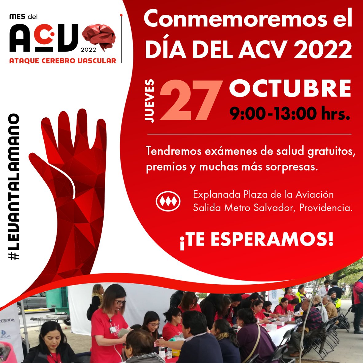 Este jueves 27 de octubre nos reencontramos para conmemorar juntos ¡el #MesDelACV! 🧠
Los esperamos en la 📍 Plaza de la Aviación, salida Metro Salvador, ⏰ desde las 9:00 horas.
Tendremos exámenes de salud gratuitos 🩺, premios 🎁 y muchas más sorpresas.
fb.me/e/1WepB2j7D