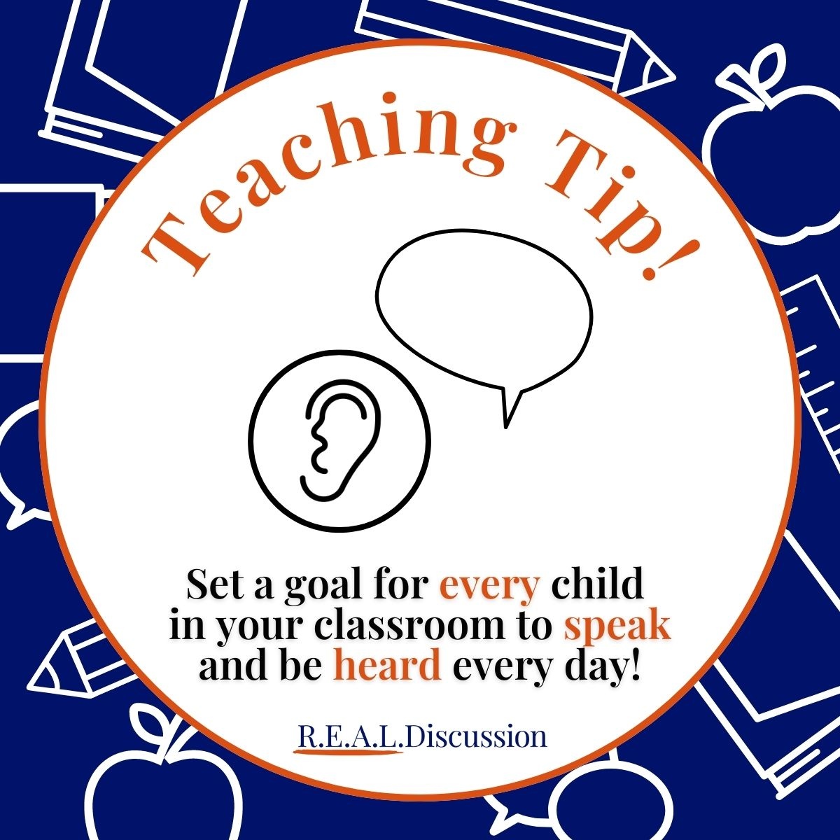 DiscussionReal's tweet photo. What if you set a goal for every child in your classroom to be heard, every day? It's a small thing that could make a big difference, even if it's just sharing a highlight from the weekend or working with a partner.

#REALDiscussion #TeachingTIp #education #edchat #intheclassroom https://t.co/IyNyktb4F1