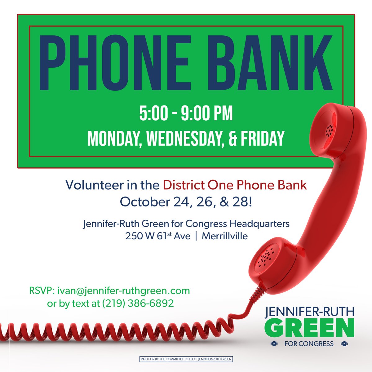 Join Team Green in being a part of the #IN01 Phone Bank as we work to #FlipTheHouse this November! A list of more JRG events can be found at JRG.gop/events.