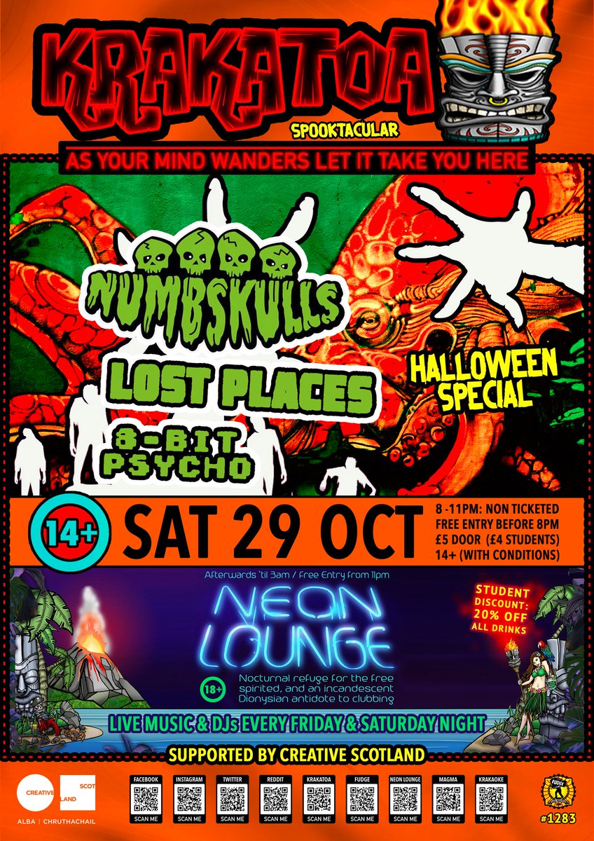 VolcanicTiki's tweet photo. #halloween #volcanictiki #krakatoabar #aberdeen #saturday #weekend #numbskulls #lostplaces #8bitpsycho #fudgeaberdeen #neonlounge https://t.co/aVEMipmAqg